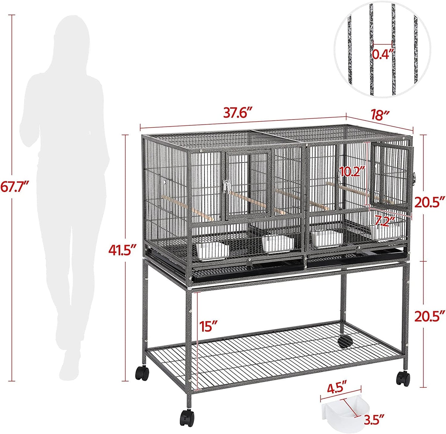 Bird cage with dimensions labeled on a white background