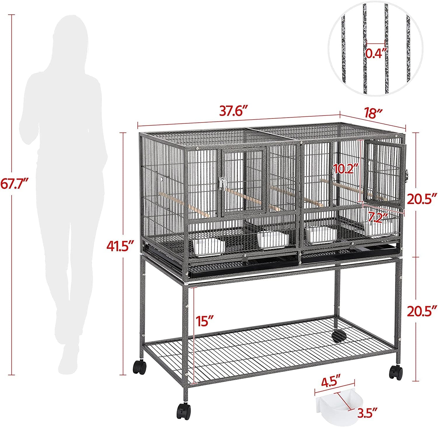 Bird cage with dimensions labeled on a white background