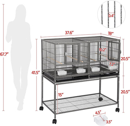 Bird cage with dimensions labeled on a white background