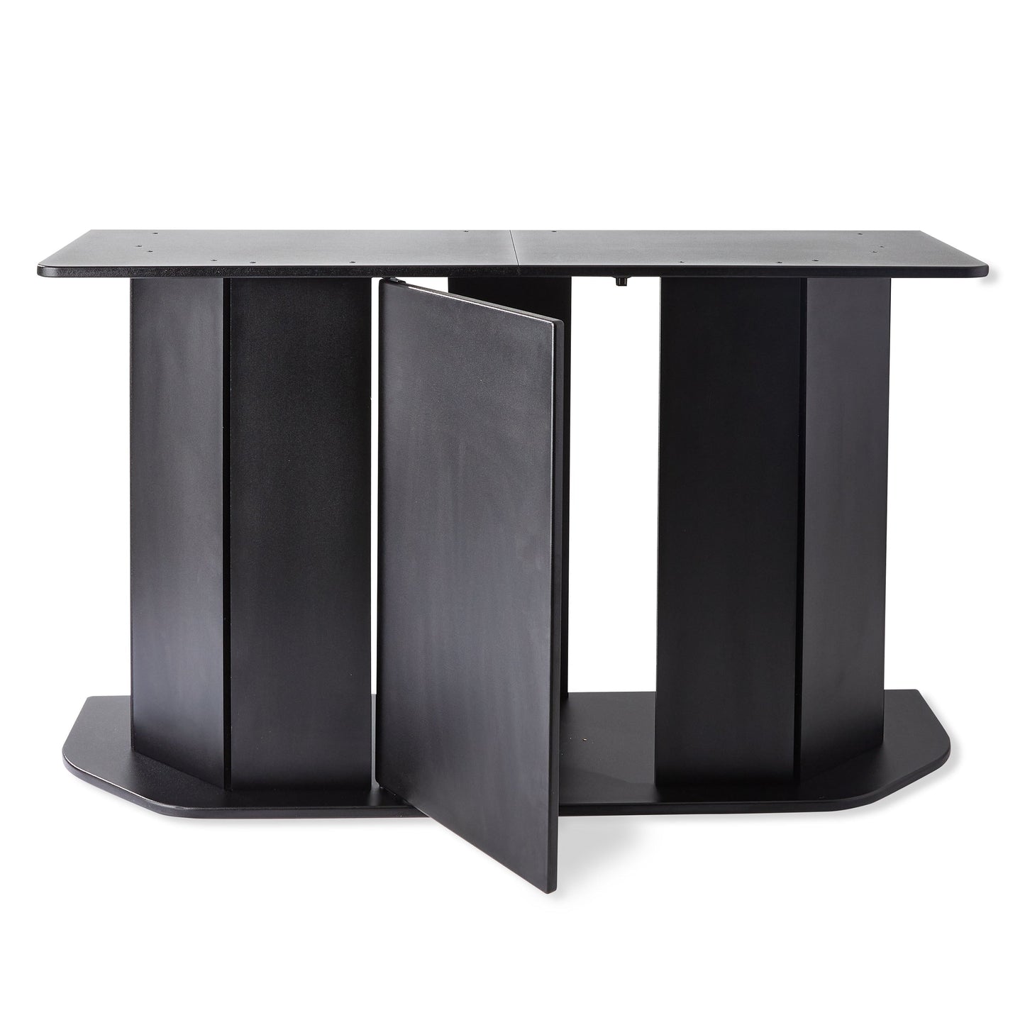 Black metal stand with a folded leg on a white background
