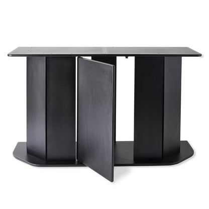 Black metal stand with a folded leg on a white background