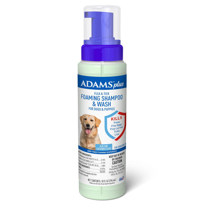 Bottle of Adams Plus flea and tick foaming shampoo and wash for dogs on a white background