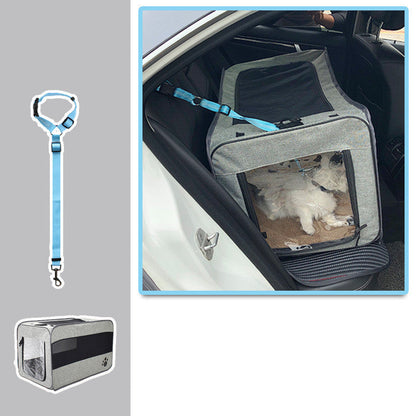 Pet car seat with a dog inside, leash, and pet carrier on a gray background