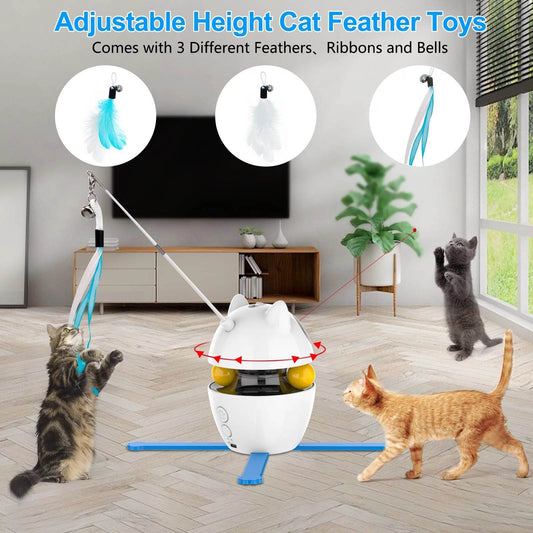 Cat toy with adjustable height, feathers, ribbons, and bells in a living room setting.