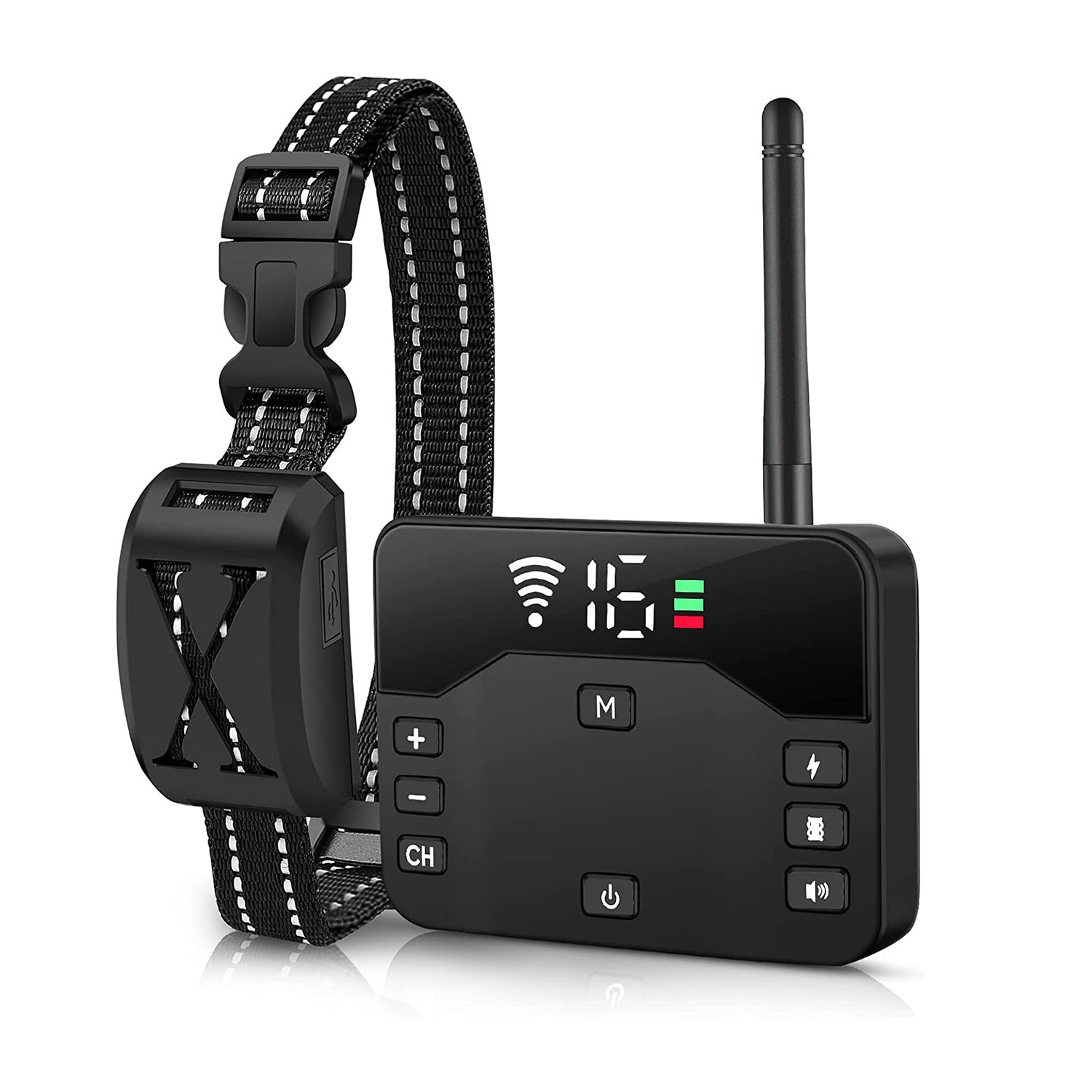 Black electronic dog collar with digital display and control panel on a white background