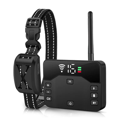 Black electronic dog collar with digital display and control panel on a white background