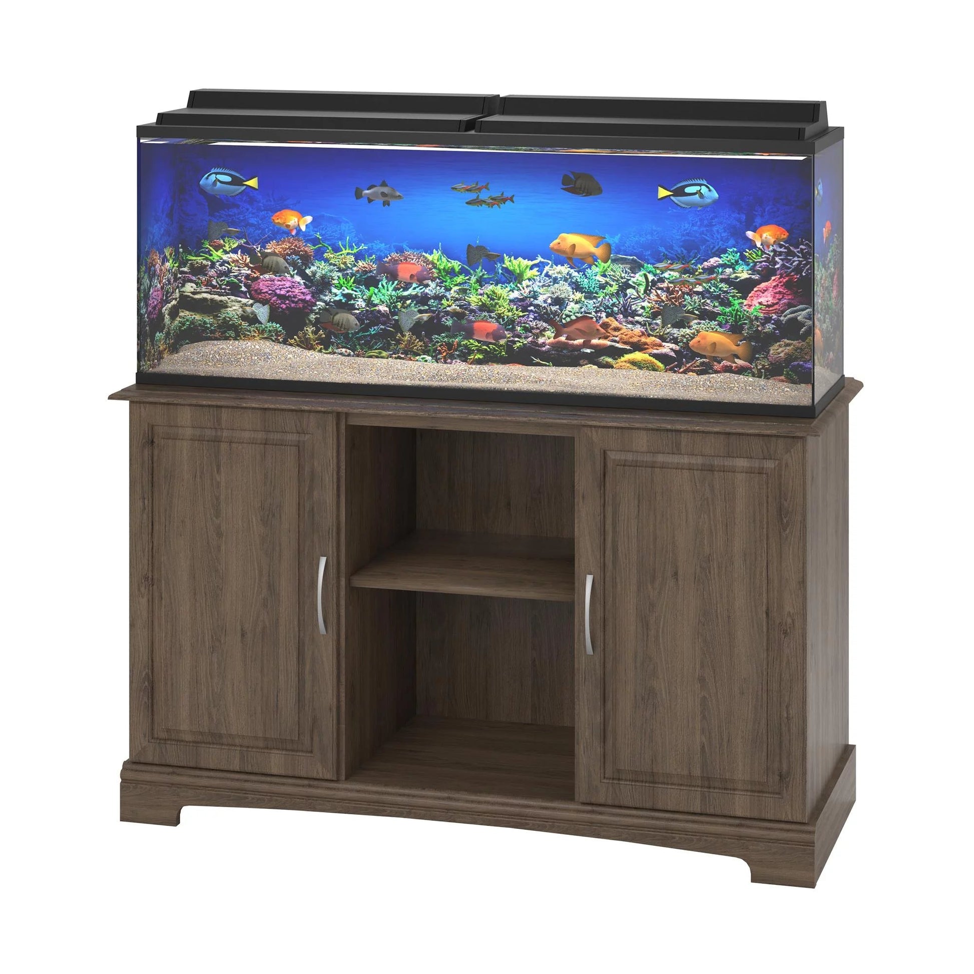 Aquarium with wooden stand on a white background