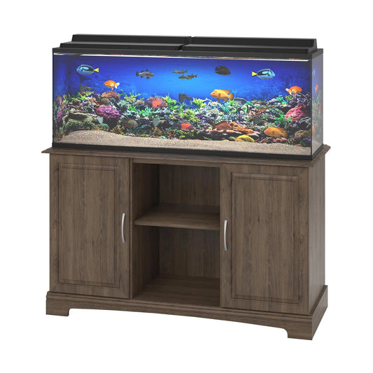 Aquarium with wooden stand on a white background