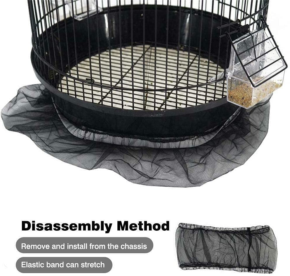 Black mesh cover over a bird cage with text on disassembly method.