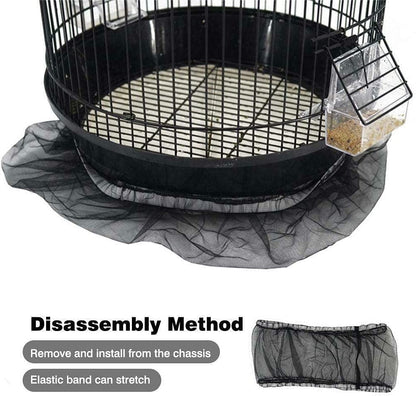Black mesh cover over a bird cage with text on disassembly method.
