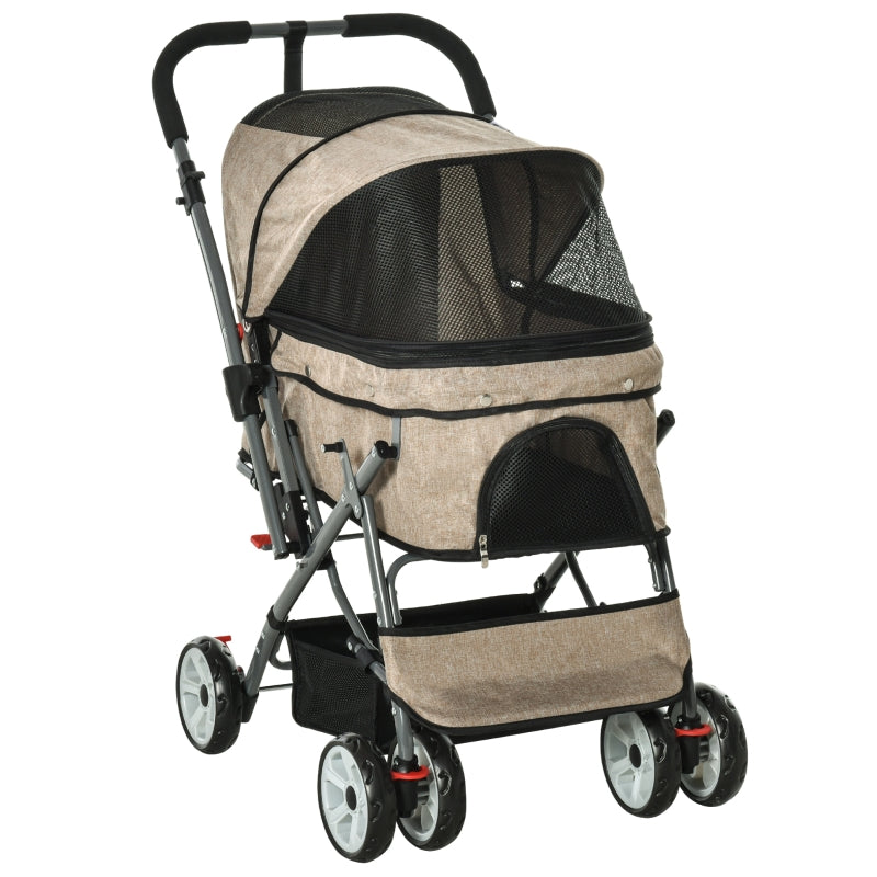 Pet stroller with beige fabric and black mesh on a white background