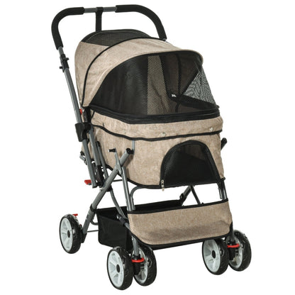 Pet stroller with beige fabric and black mesh on a white background