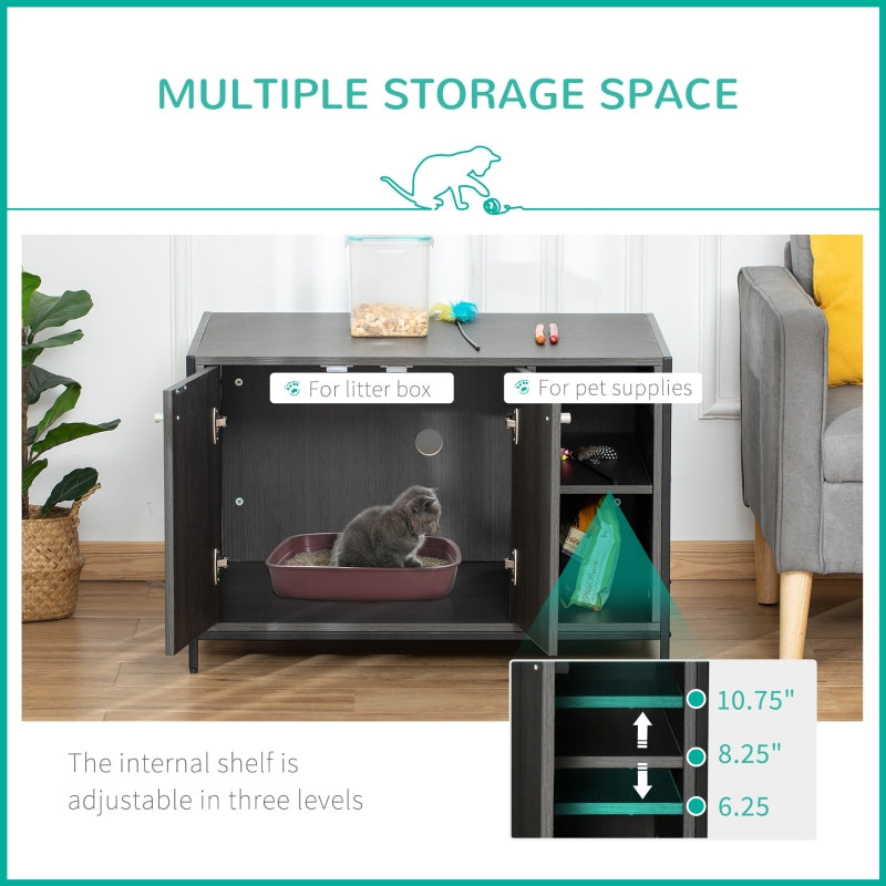 Pet enclosure with multiple storage spaces and adjustable shelves, featuring a cat inside.