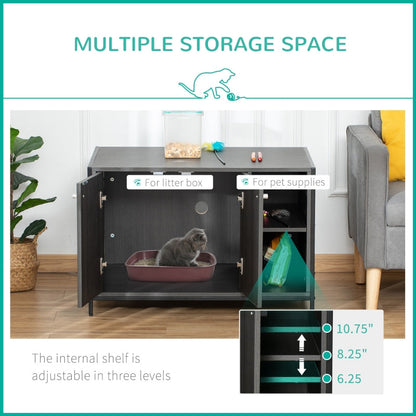 Pet enclosure with multiple storage spaces and adjustable shelves, featuring a cat inside.