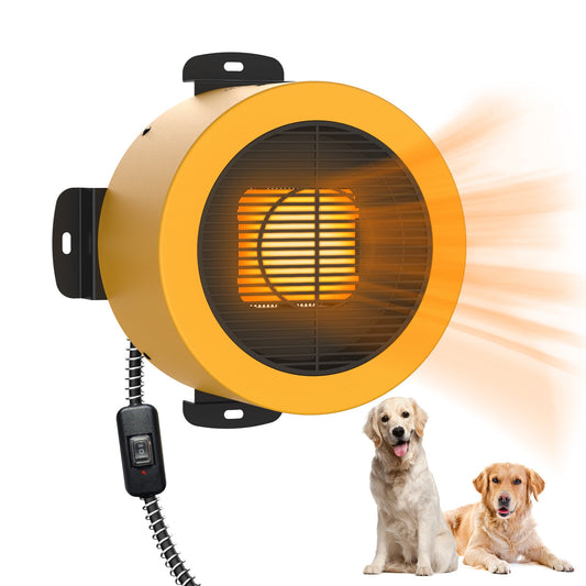 Portable electric heater with a cord, shown with two dogs sitting below it on a white background.
