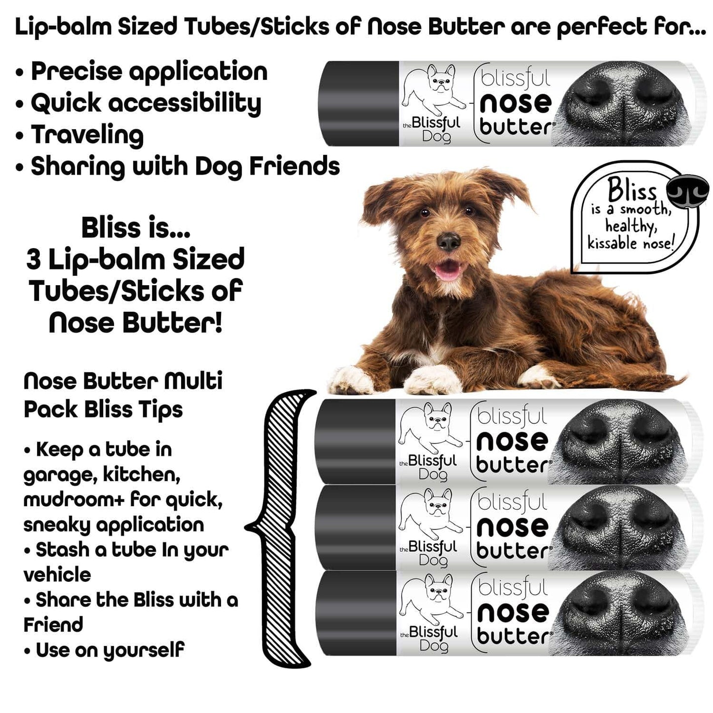 Blissful Dog nose butter packaging with a dog and product description text.