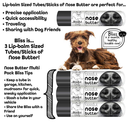 Blissful Dog nose butter packaging with a dog and product description text.