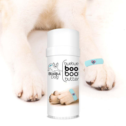 Bottle of Blissful Dog 'byebye boo boo butter' with a dog's paw wearing a bandage in the background