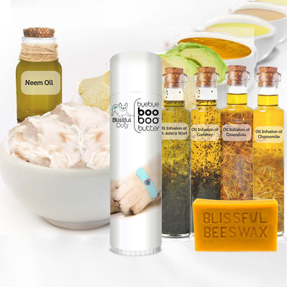 Collection of natural skincare products including oils, butter, and wax on a white background