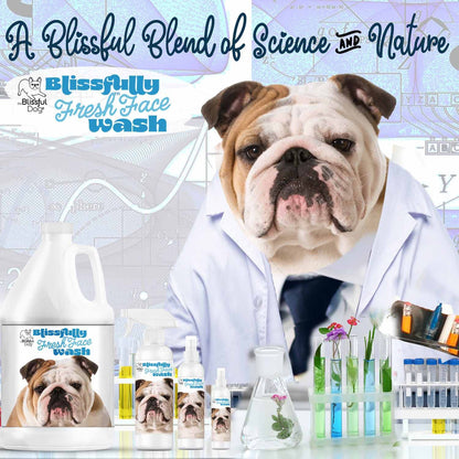 Dog in a lab coat with 'Blissfully Fresh Face Wash' products and scientific elements.
