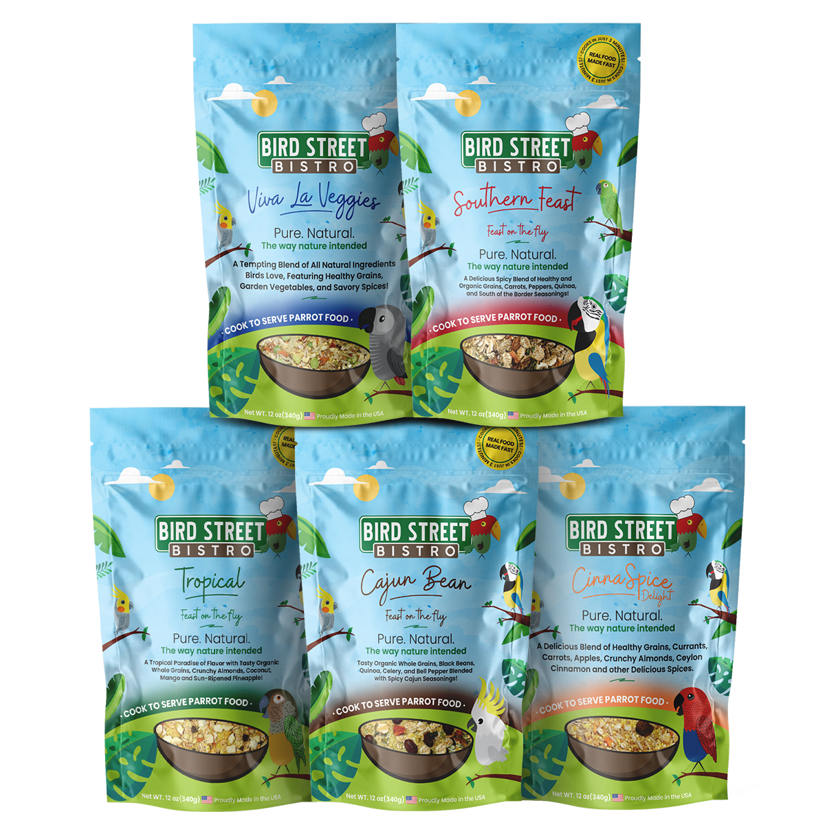 Five packages of Bird Street Bistro parrot food on a white background