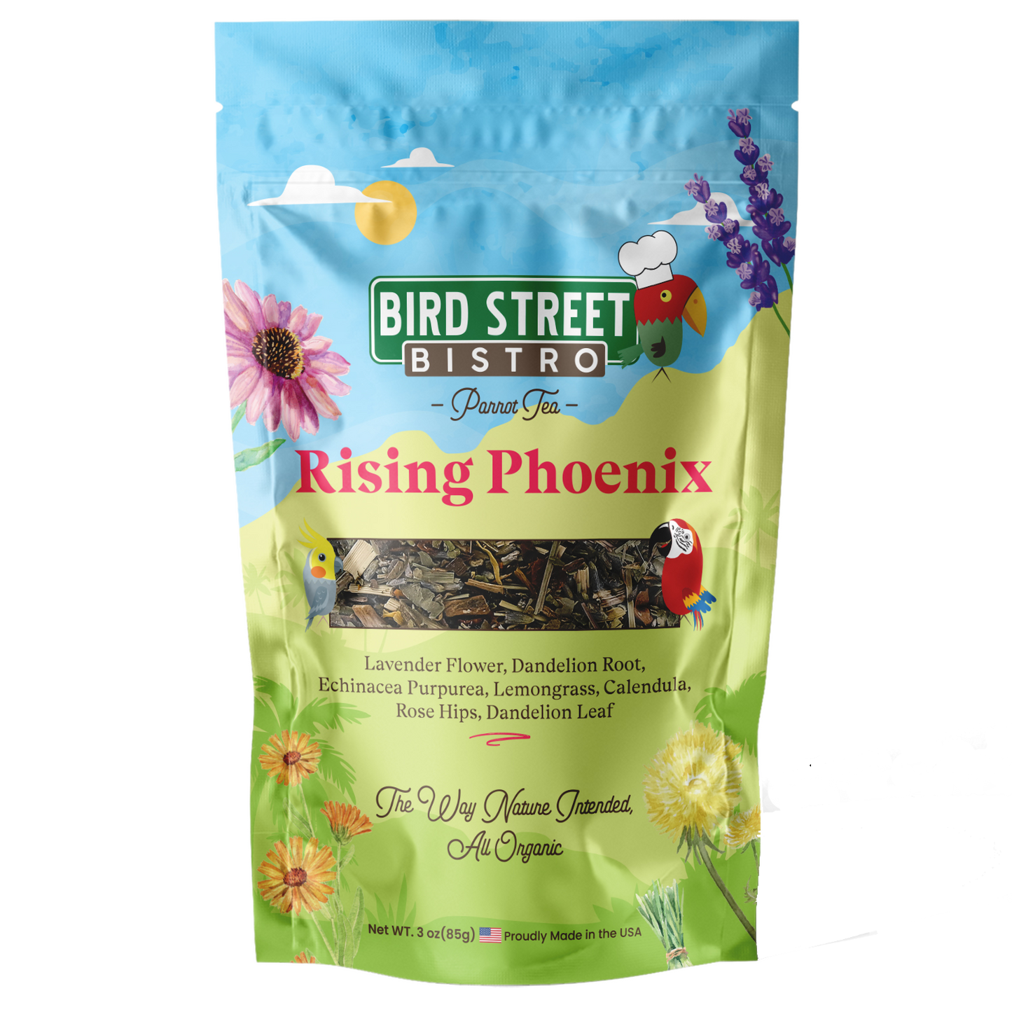 Bird Street Bistro 'Rising Phoenix' bird tea package with colorful design on a white background