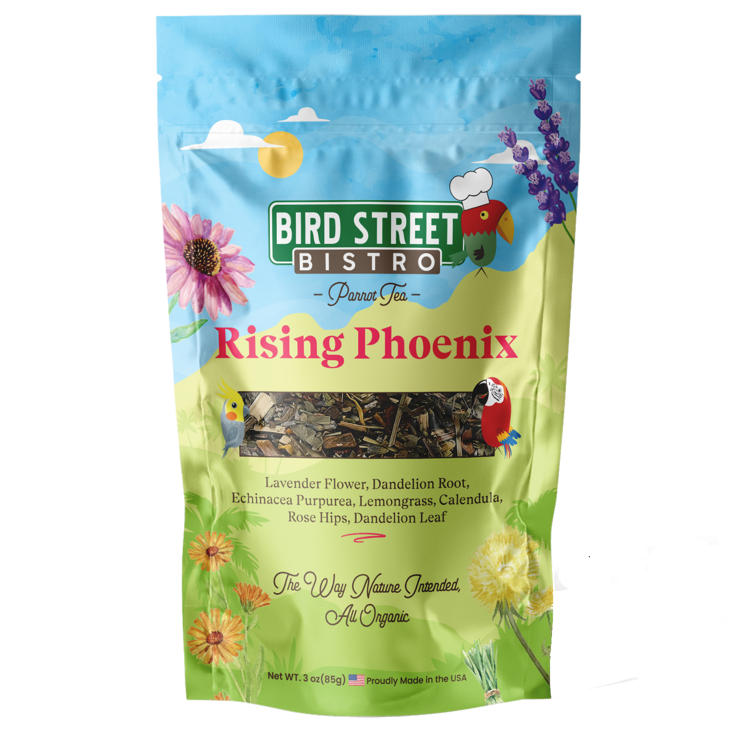 Bird Street Bistro 'Rising Phoenix' bird tea package with colorful design on a white background