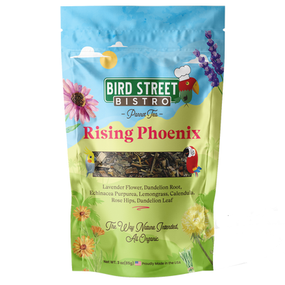 Bird Street Bistro 'Rising Phoenix' bird tea package with colorful design on a white background