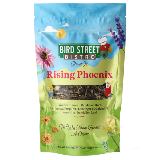 Bird Street Bistro 'Rising Phoenix' bird tea package with colorful design on a white background