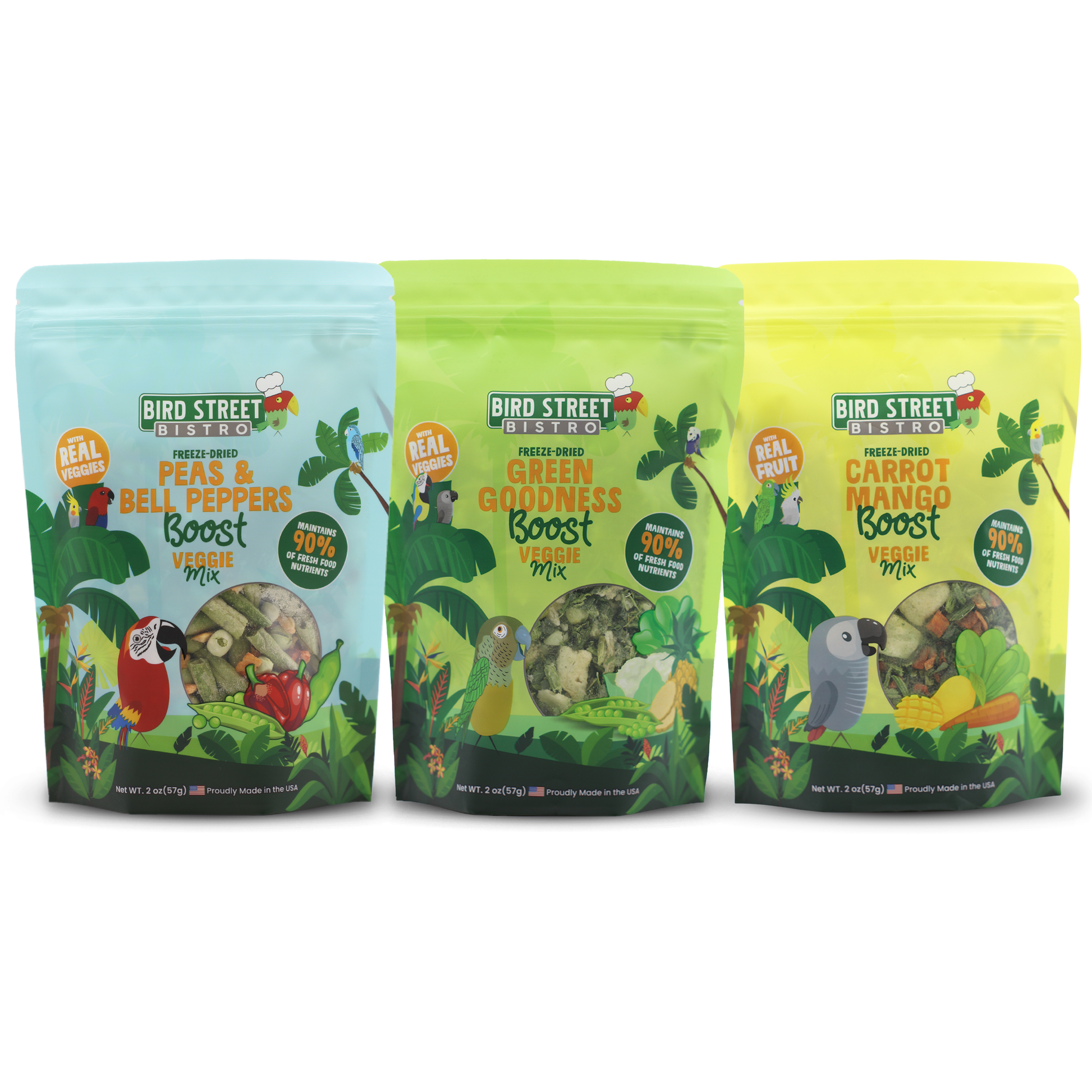 Three packages of Bird Street Bistro bird food on a white background