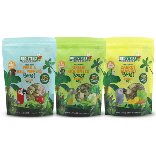 Three packages of Bird Street Bistro bird food on a white background