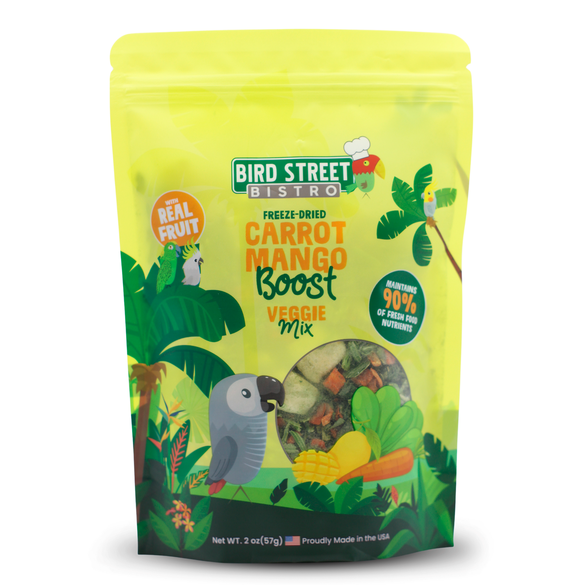 Bird Street Bistro freeze-dried carrot mango boost veggie mix packaging on a white background