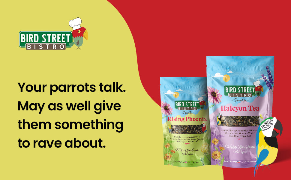 Bird Street Bistro tea packages with promotional text on a red and yellow background