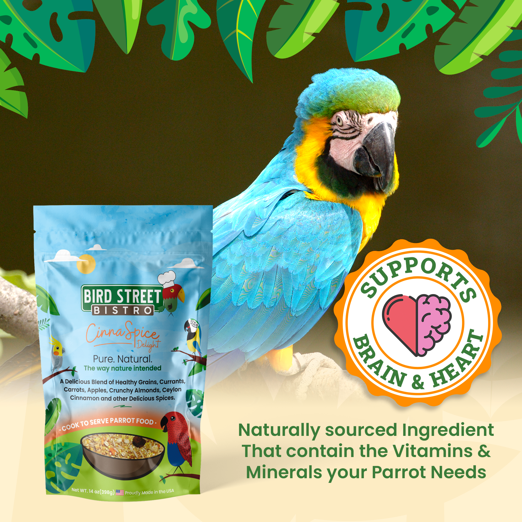 Bird Street Bistro parrot food package with a parrot and brain and heart support badge on a leafy green background.