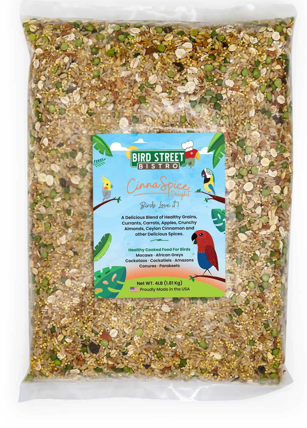Bird seed mix package with a label on a white background