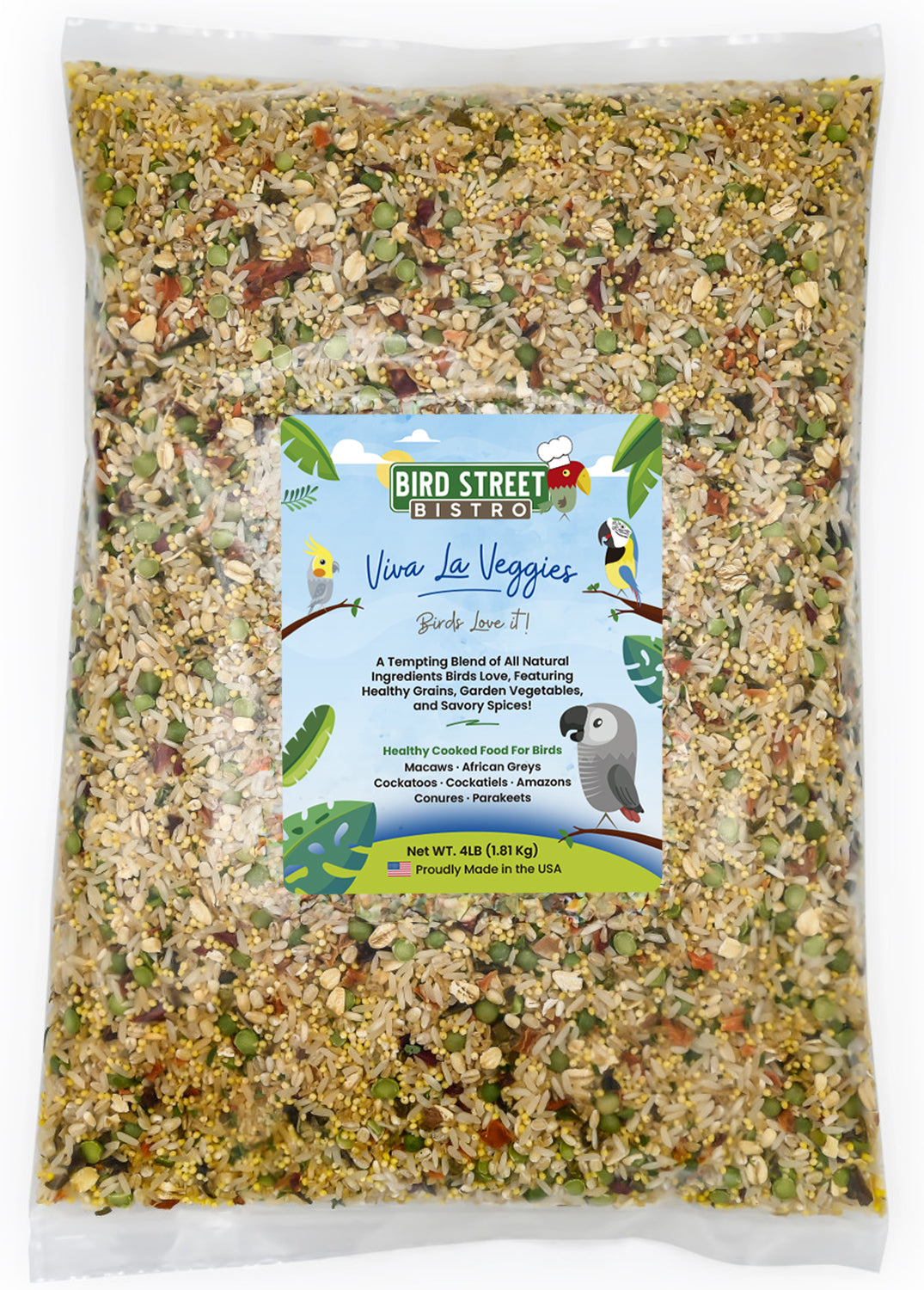 Bird seed mix package with a label on a white background