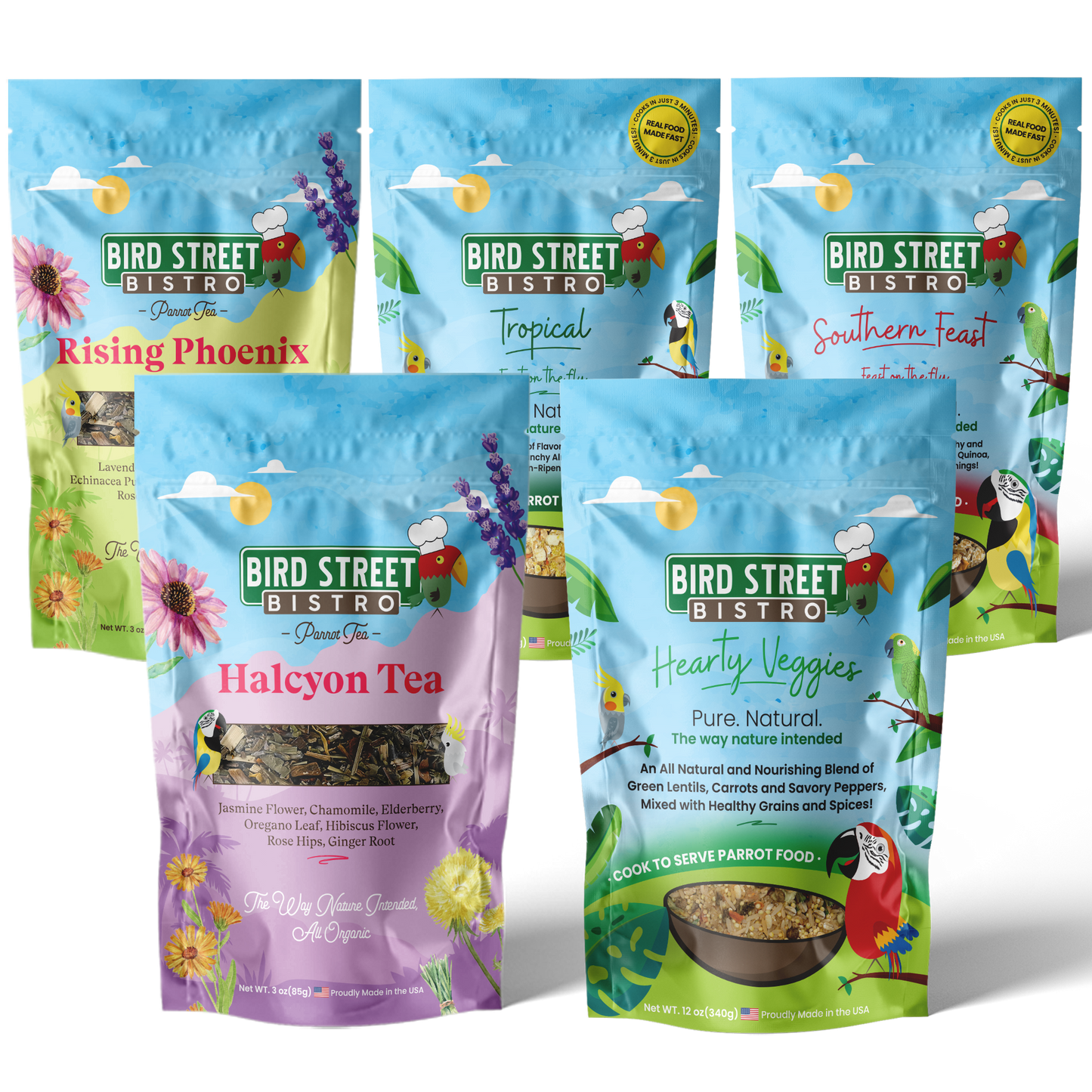 Bird Street Bistro pet food packages with colorful designs and branding.