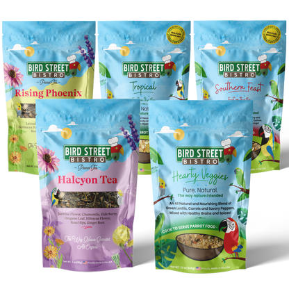 Bird Street Bistro pet food packages with colorful designs and branding.