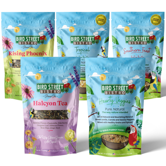 Bird Street Bistro pet food packages with colorful designs and branding.