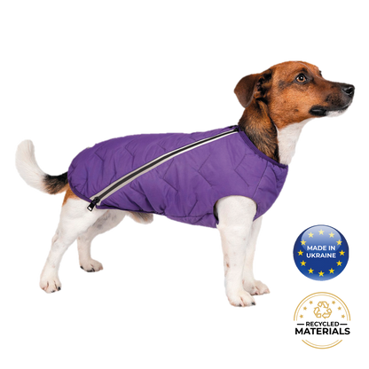Dog wearing a purple coat with 'Made in Ukraine' and 'Recycled Materials' logos on a white background