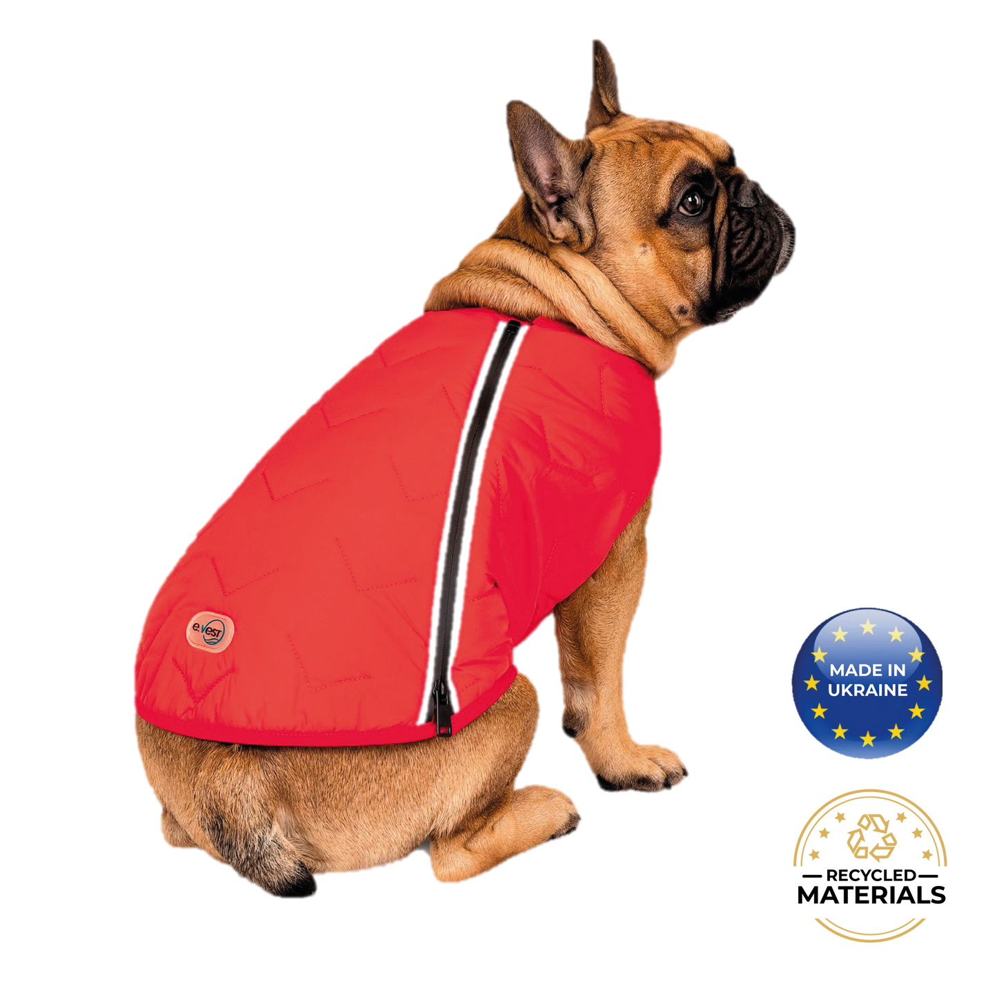 Dog wearing a red jacket with visible branding on a white background