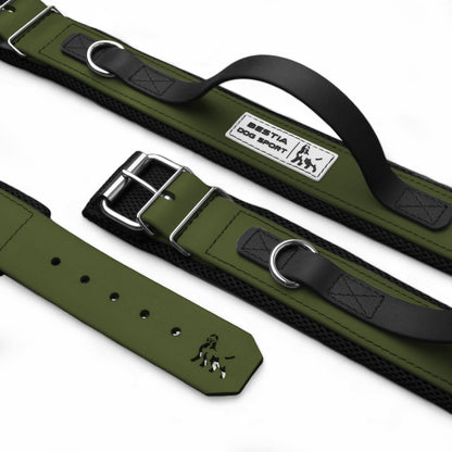 Two green dog collars with black straps on a white background, featuring a brand logo.