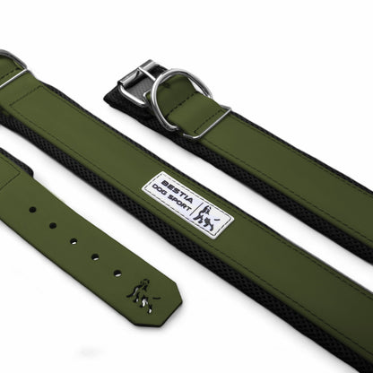 Green dog collar with a metallic buckle on a white background, featuring the 'Bestia Dog Sport' brand.