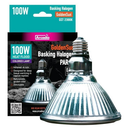 Arcadia 100W Basking Halogen GoldenSun lamp with packaging on a white background