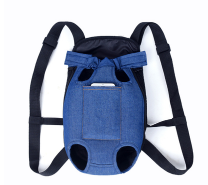 Blue pet carrier with black straps on a white background