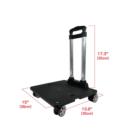 Black hand truck with dimensions indicated on a white background