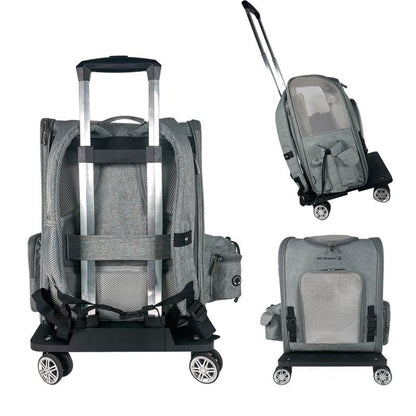Gray rolling backpack with multiple views on a white background