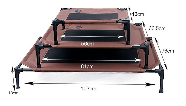 Set of brown pet beds with dimensions indicated on a white background