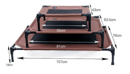 Set of brown pet beds with dimensions indicated on a white background