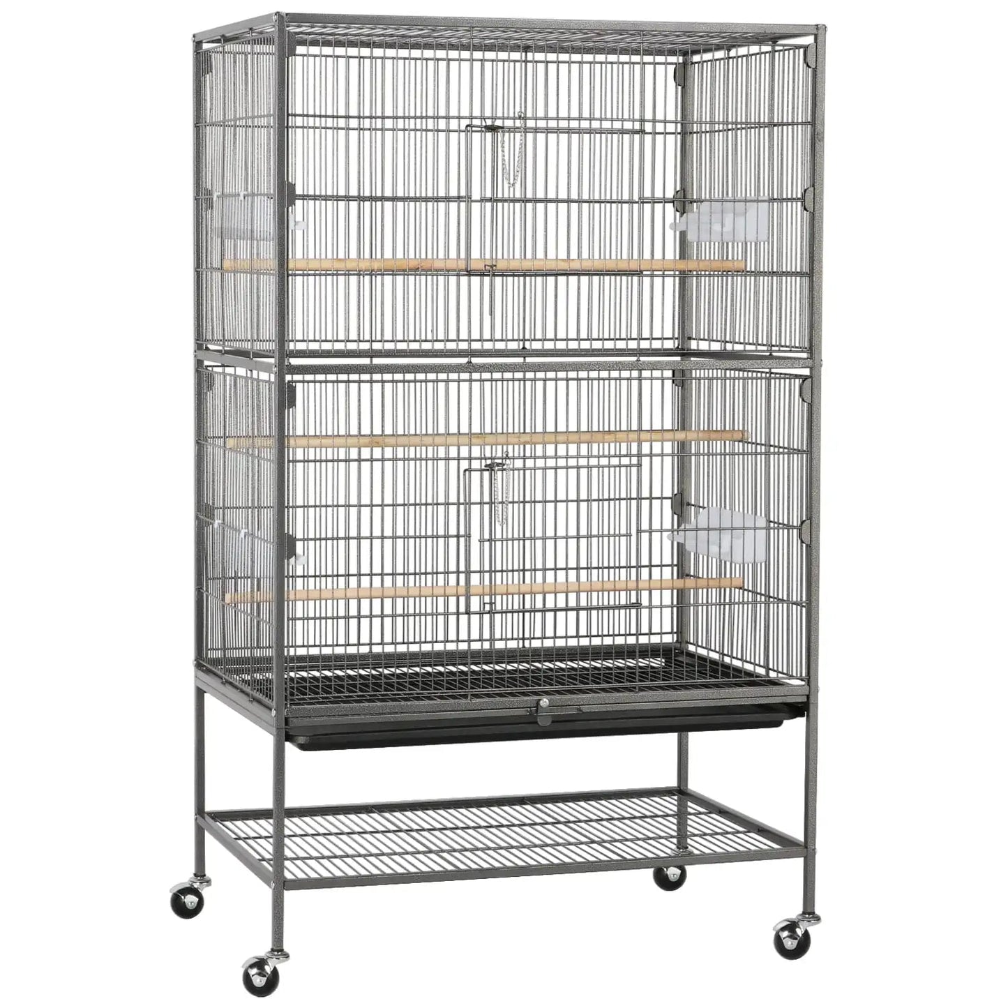 Large bird cage with multiple levels and wheels on a white background